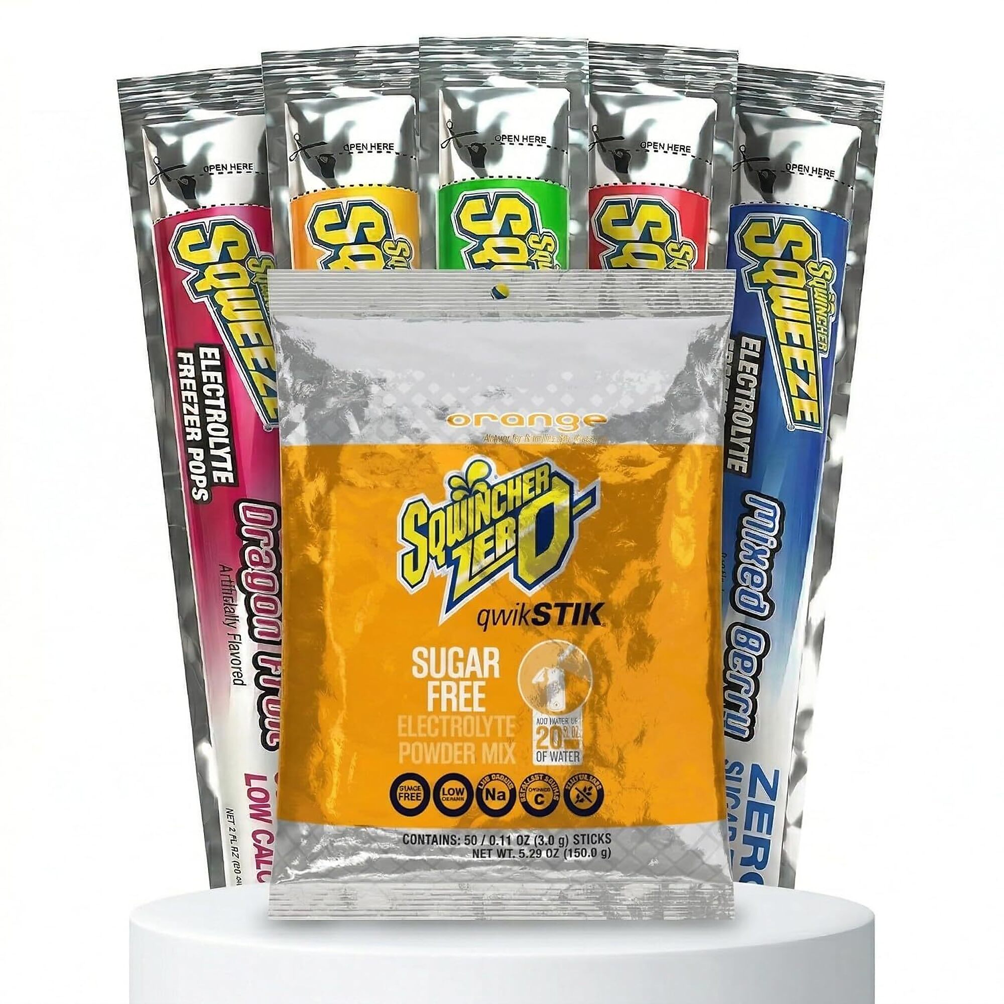 Sqwincher Bundle: Orange Zero Qwik Stik 50 Pack and Sqweeze Sugar Free Freezer Pops 50 Count